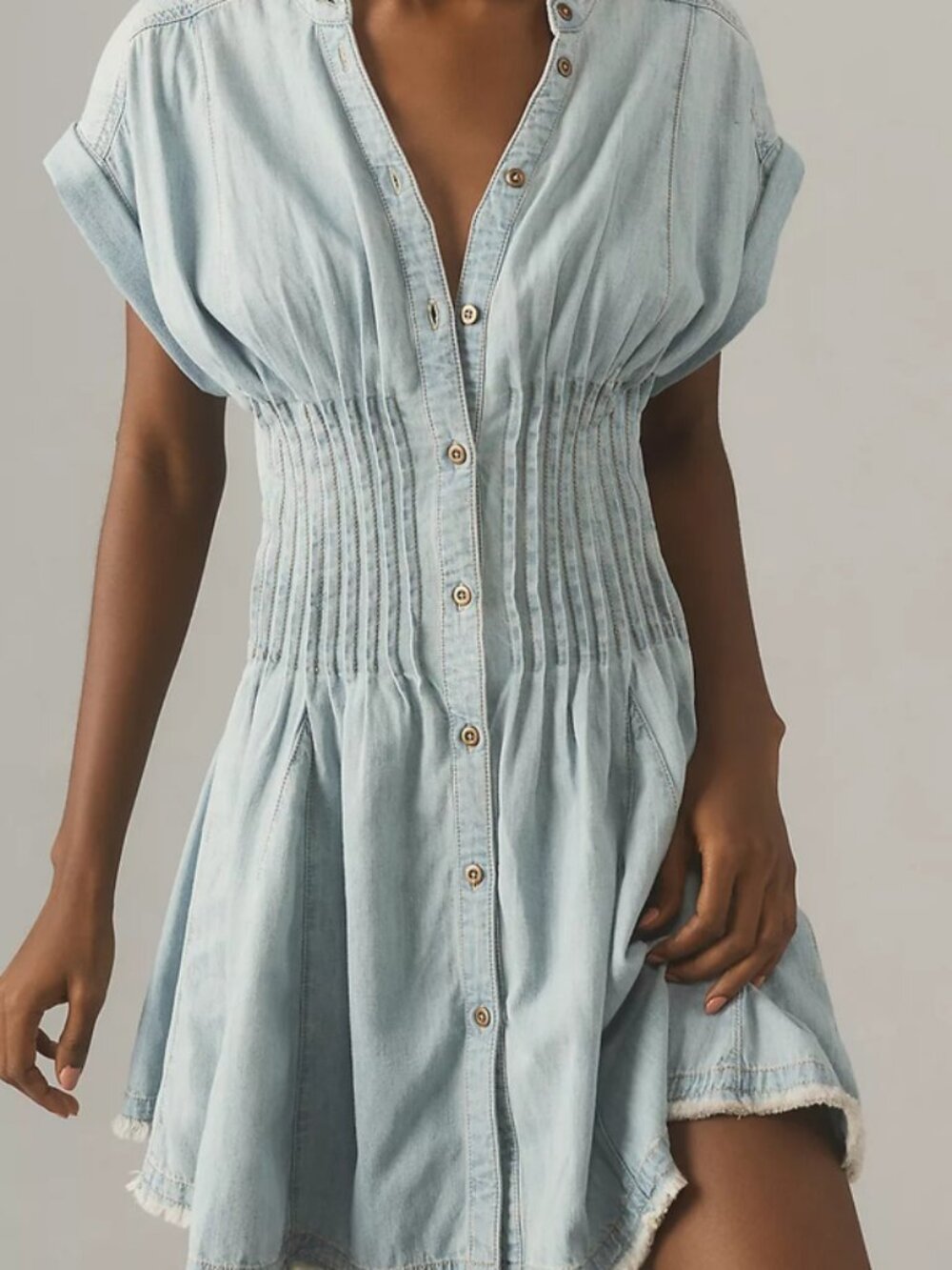 Anthropologie Pilcro Denim Light Shirred-Waist Buttondown Mini Dress L